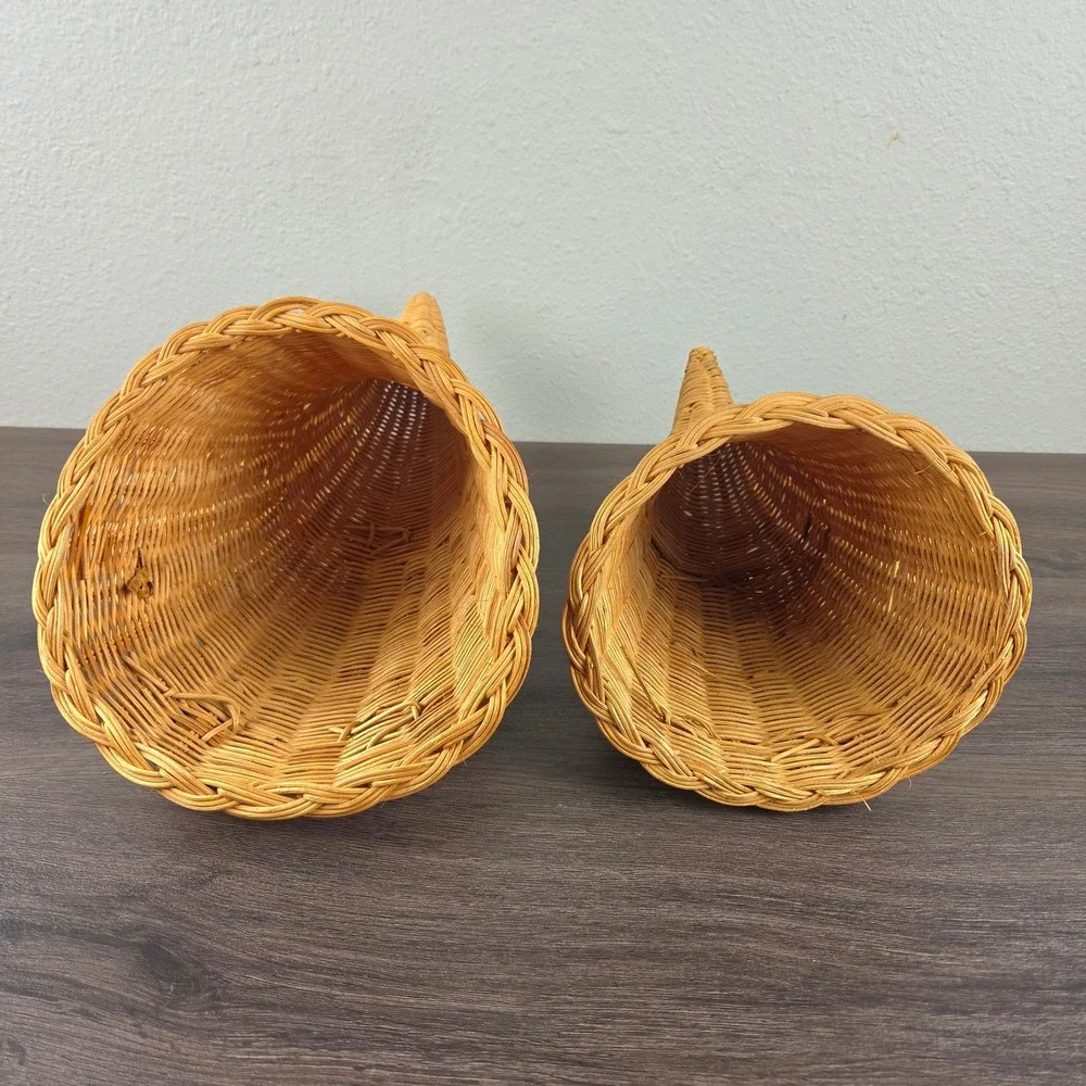 Vintage Wicker Cornucopia Basket 2pc Set Tan Thanksgiving Fall Decor Rustic